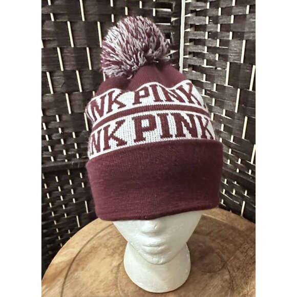 PINK Victoria's Secret Beanie Pom Pom Hat Knit Cap Burgundy & White One Size - Picture 1 of 6